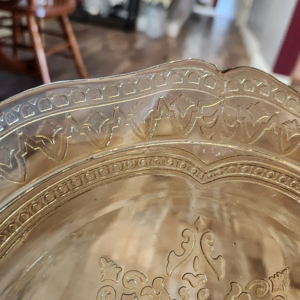 Vintage Amber Depression Glass Scalloped Serving Platter Embossed Floral 11 in